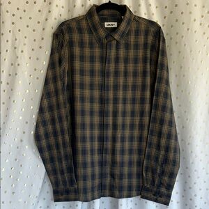 DKNY Men's Navy and Tan Plaid Shirt